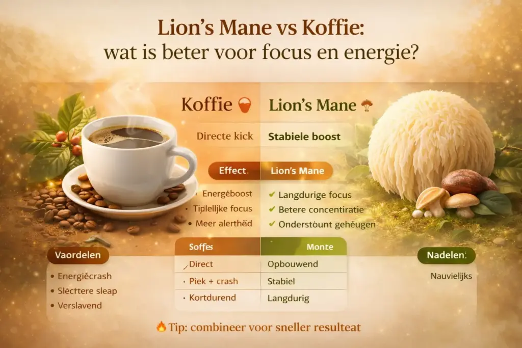 Lion’s Mane vs koffie infographic voor focus en energie vergelijking zonder energiecrash